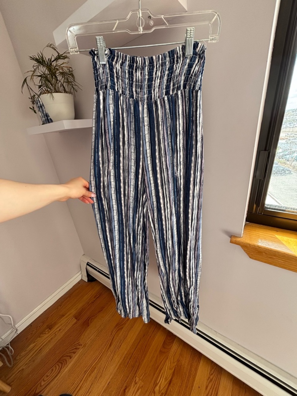 High-Waist Blue & White Striped Smocked Waist Pants